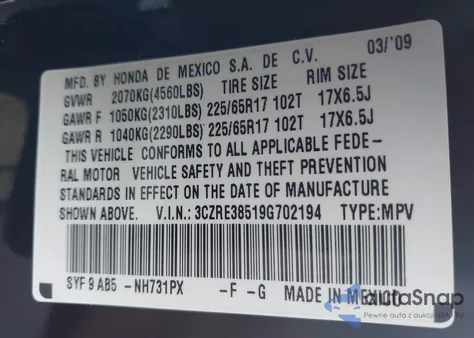 2009 Honda Cr-V Ex z USA, uszkodzony, nr VIN 3CZRE38519G702194